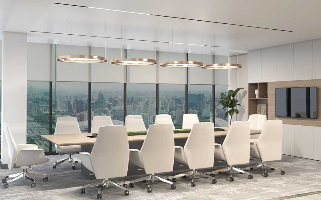 Sophisticated industrial office interior featuring slim-profile glass partitions and light oak wall slats