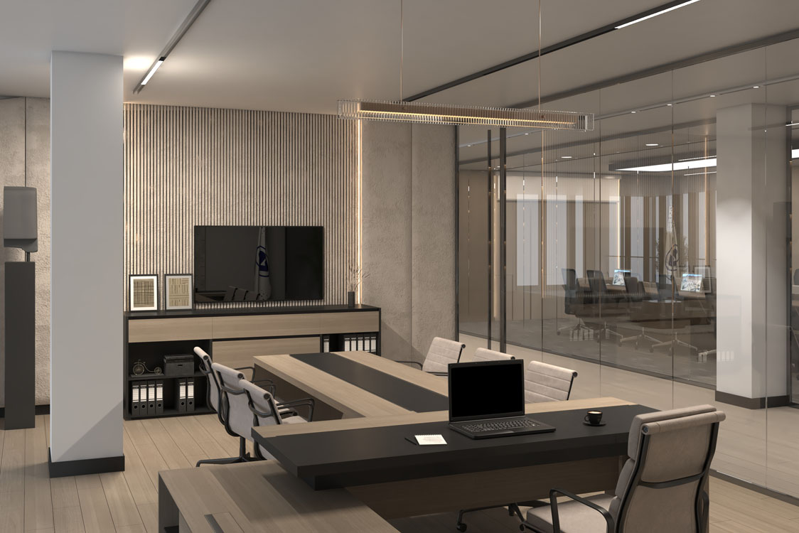 Executive office suite design with cream-textured finishes and premium ergonomic furniture.