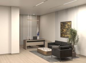 Custom branded metallic world map wall art in a luxury corporate industrial workspace.