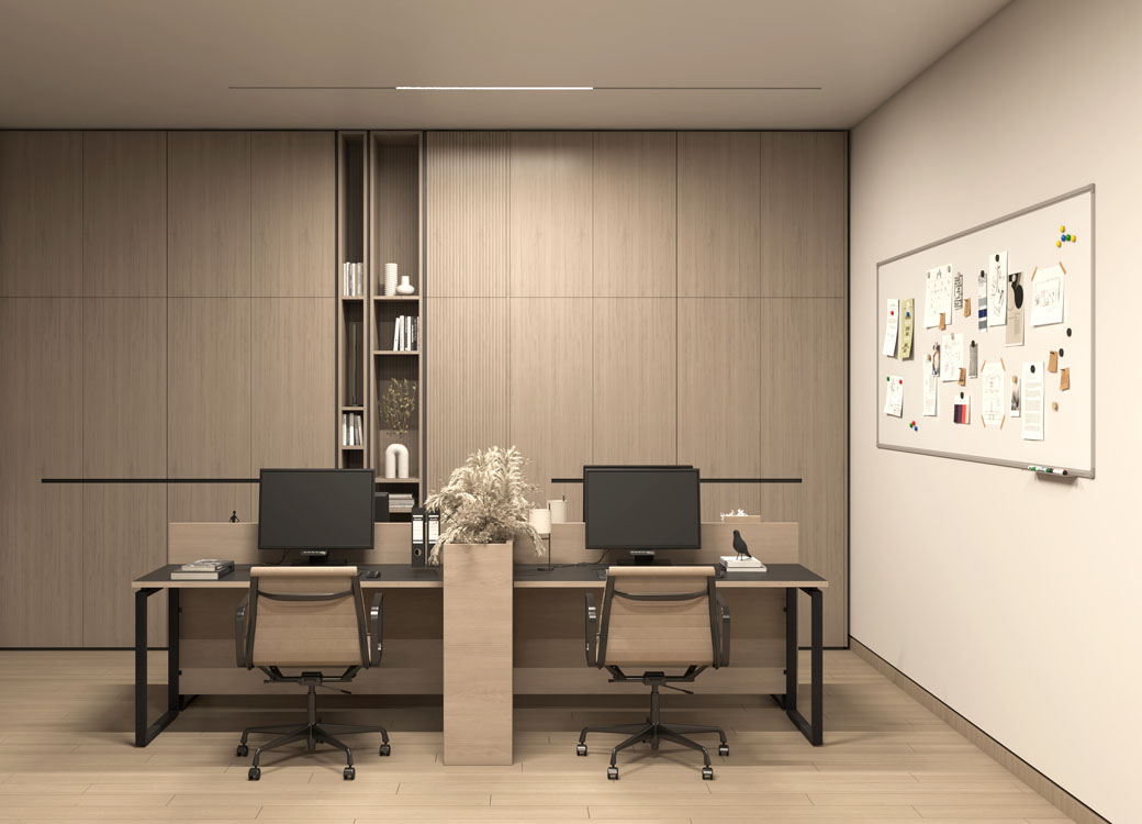 Executive office suite design with cream-textured finishes and premium ergonomic furniture.