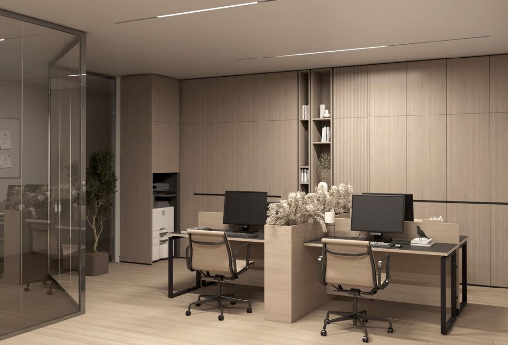 Executive office suite design with cream-textured finishes and premium ergonomic furniture.