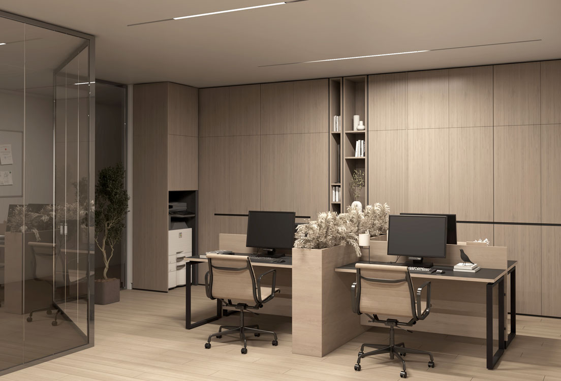 Executive office suite design with cream-textured finishes and premium ergonomic furniture.