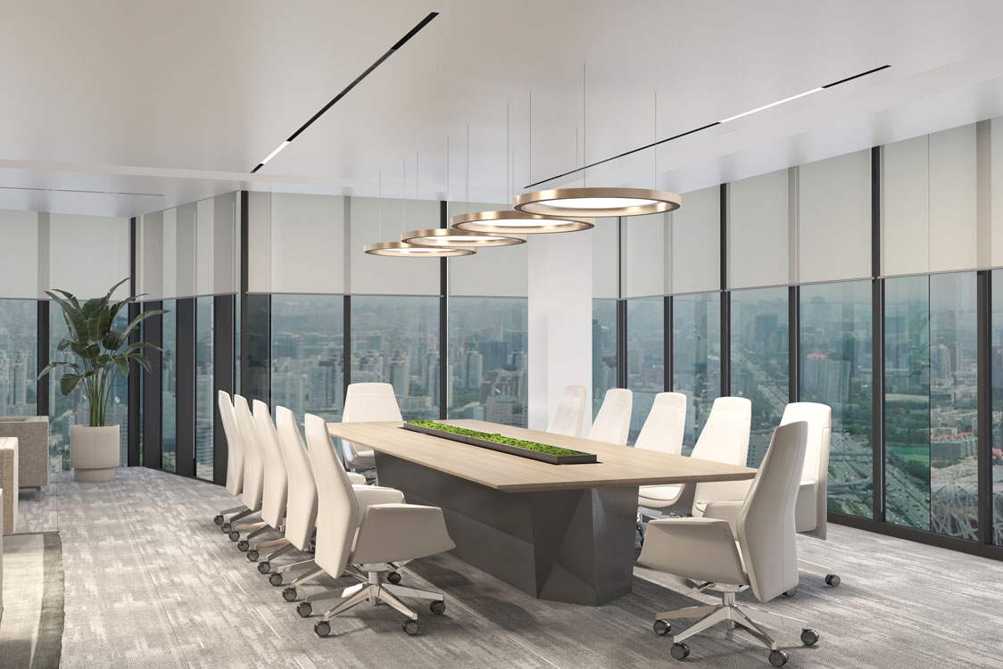 Sophisticated industrial office interior featuring slim-profile glass partitions and light oak wall slats