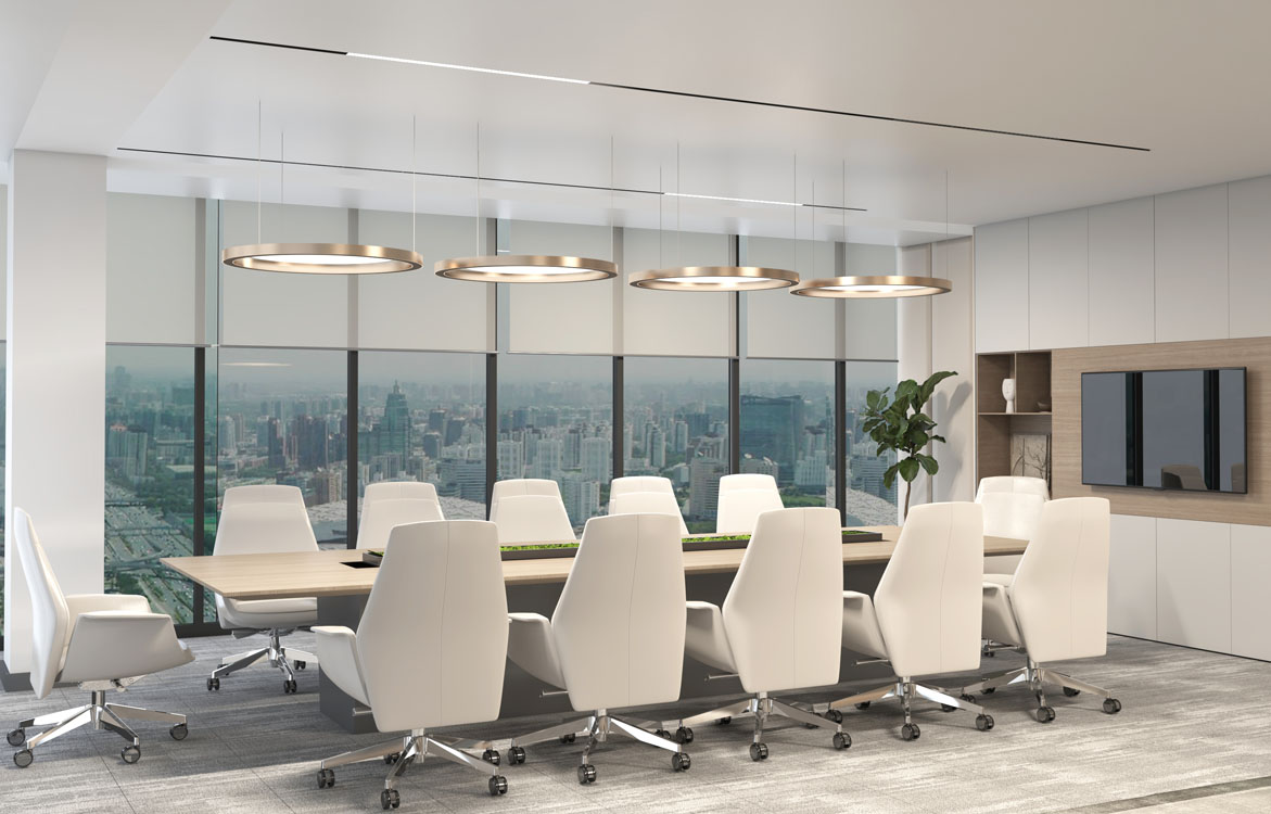 Sophisticated industrial office interior featuring slim-profile glass partitions and light oak wall slats