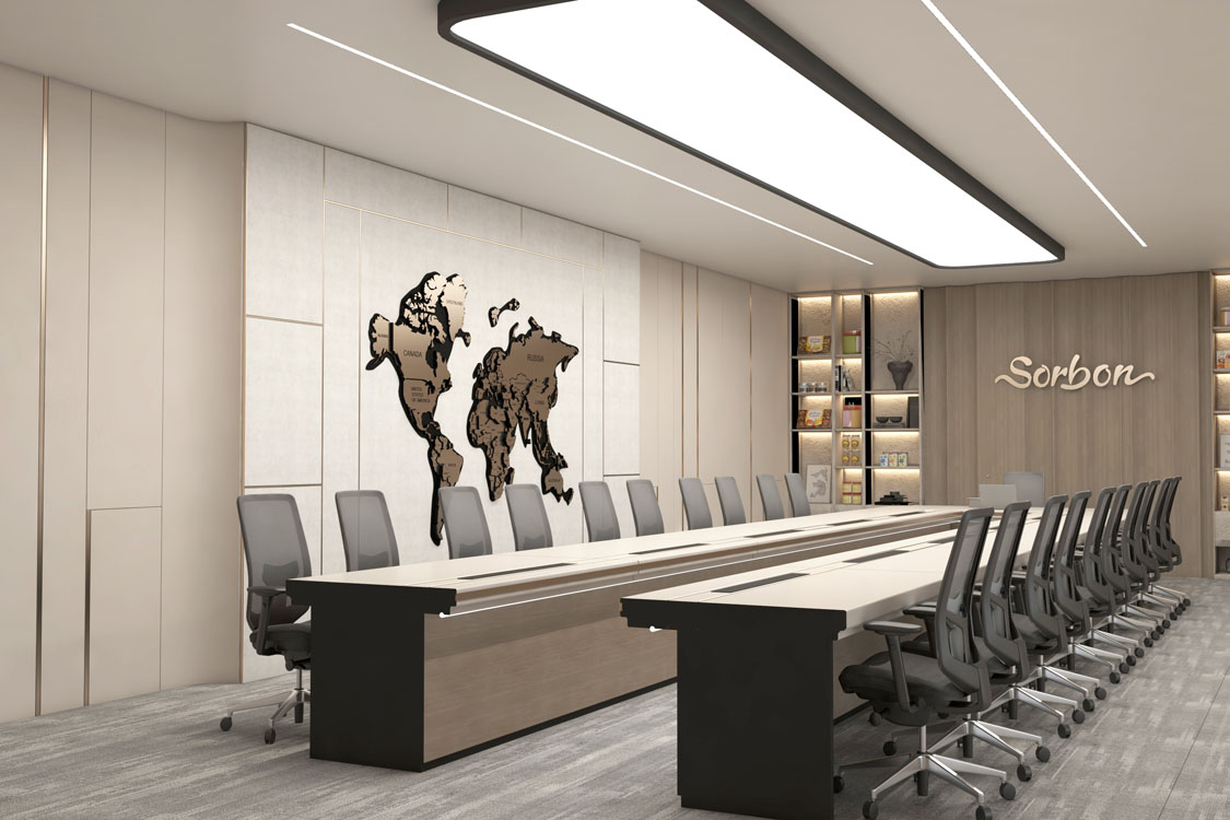 Modern high-tech conference room design with a minimalist long table and architectural ring chandeliers.