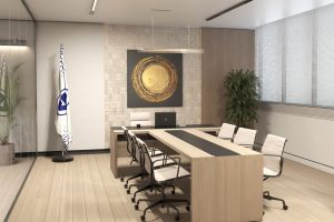 Modern high-tech conference room design with a minimalist long table and architectural ring chandeliers.