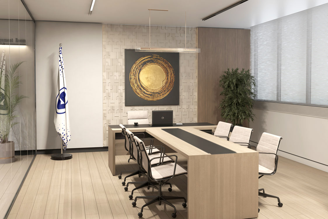 Modern high-tech conference room design with a minimalist long table and architectural ring chandeliers.