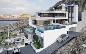 Modern facade design of Villa Marathon in Greece