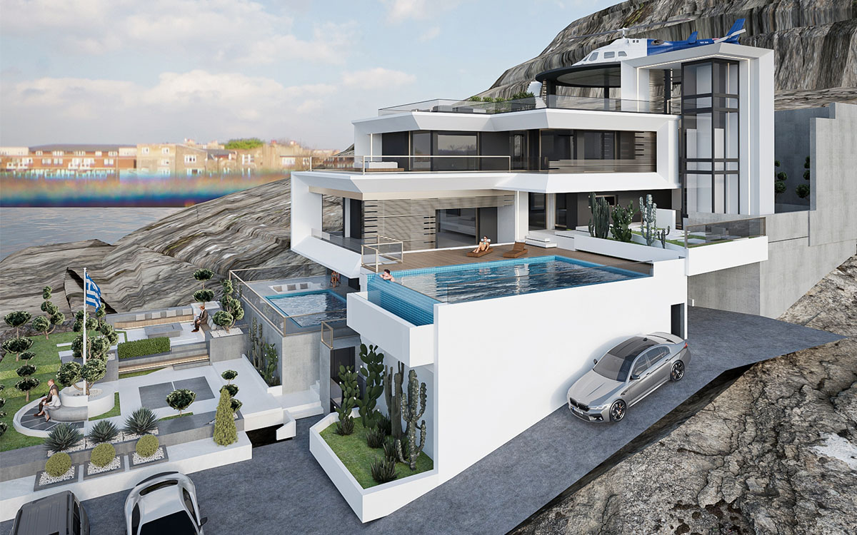 Modern facade design of Villa Marathon in Greece
