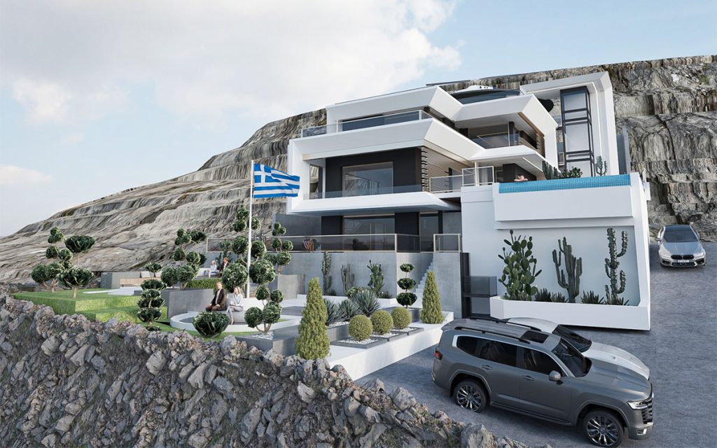 Modern facade design of Villa Marathon in Greece