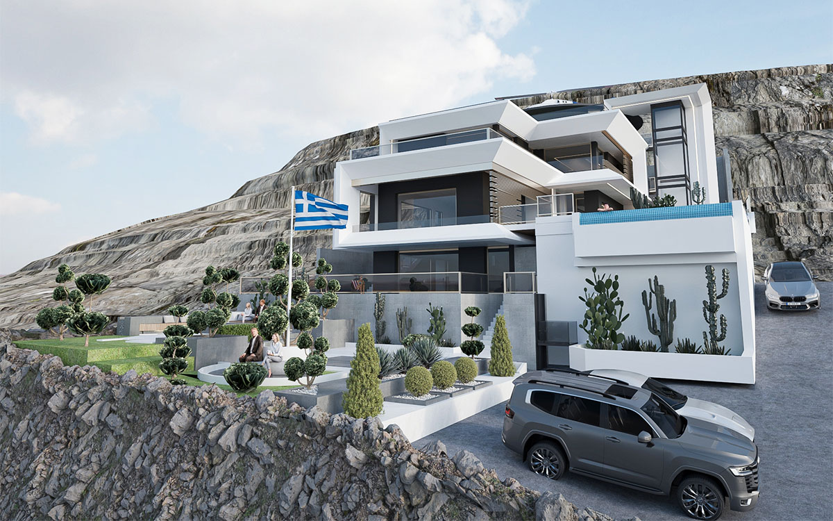 Modern facade design of Villa Marathon in Greece