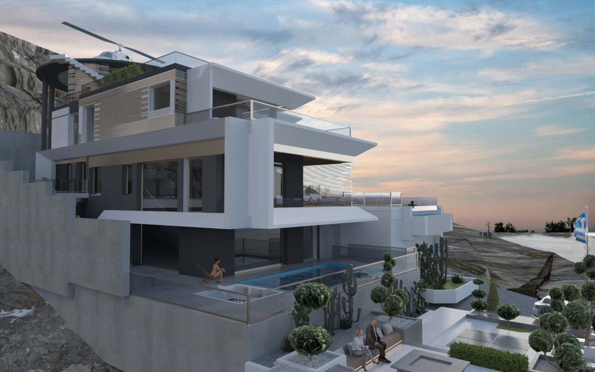 Modern facade design of Villa Marathon in Greece