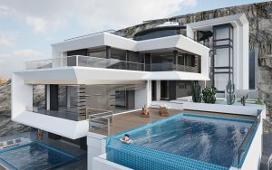 Modern facade design of Villa Marathon in Greece