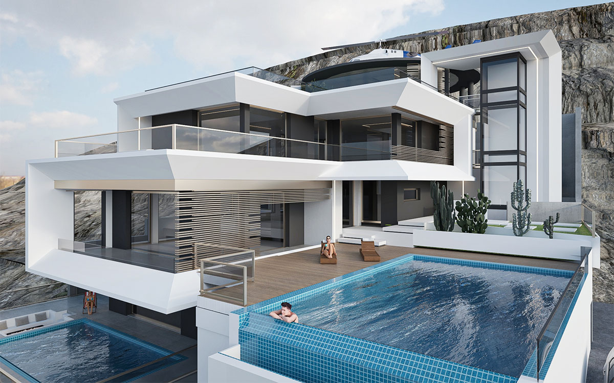 Modern facade design of Villa Marathon in Greece